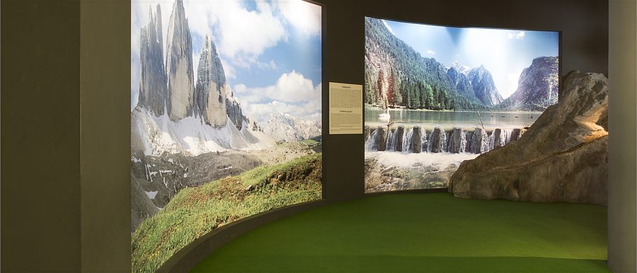 Exhibition room of Cheese World with a Tre Cime panorama