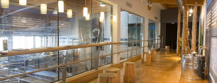 Visitor gallery with a glass wall onto the production hall
